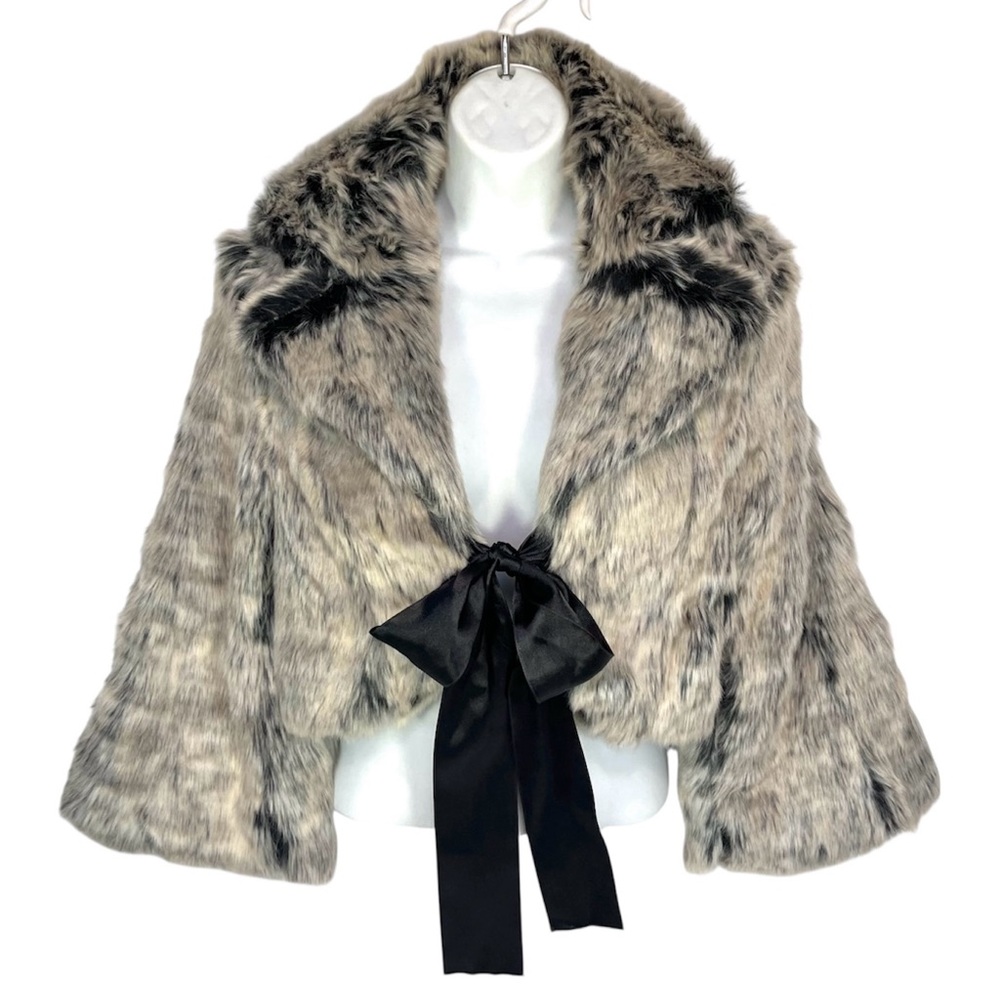 Y2K Faux Fur Bolero Jacket Gray Cropped Shrug Ribbon Tie Coquette Womens S